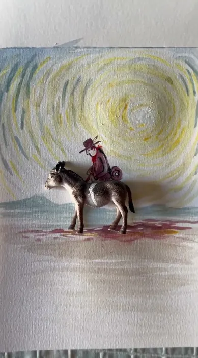 Rider on a donkey – Art Is Trash in Barcelona Painting of a rider on a donkey under a yellow sun, Barcelona, Art Is Trash