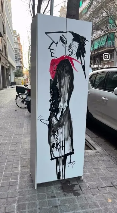 Self-portrait painted on an electrical box in the street, Barcelona, Art Is Trash