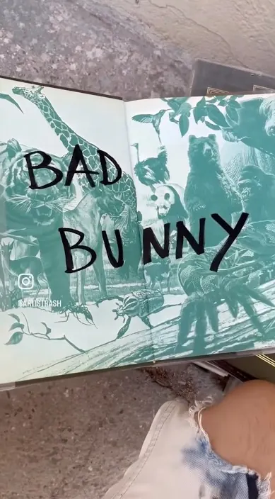 «Bad Bunny» on a teal work – urban art Barcelona by Art Is Trash Teal artwork with «Bad Bunny» painted on it, Barcelona, Art Is Trash