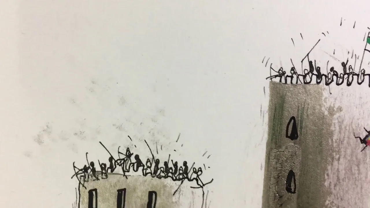 Batalla medieval – street art in Barcelona: scene from the Art Is Trash video by Francisco de Pájaro