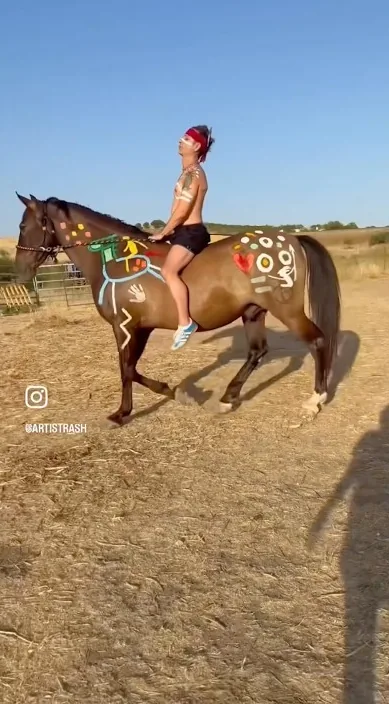 Horse painted with symbols, ridden across a dry field – a work by Art Is Trash