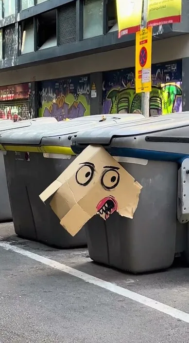Cardboard box with a face on top of rubbish containers, Barcelona, Art Is Trash