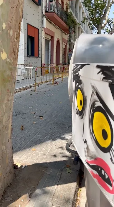Bin painted with a face – street art Barcelona by Art Is Trash Rubbish bin painted with a face, Barcelona, Art Is Trash