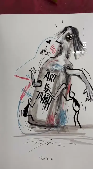 Ink bottle figure – Art Is Trash in Barcelona Ink drawing of a bottle-shaped figure with the words Art Is Trash, Barcelona