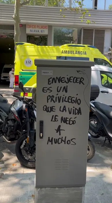 Saying on an electrical box – urban art in Barcelona Painted line about growing old as a privilege on a street electrical box, Barcelona, Art Is Trash