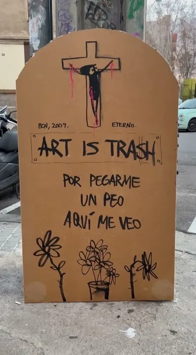 Epitafio – street art in Barcelona: scene from the Art Is Trash video by Francisco de Pájaro