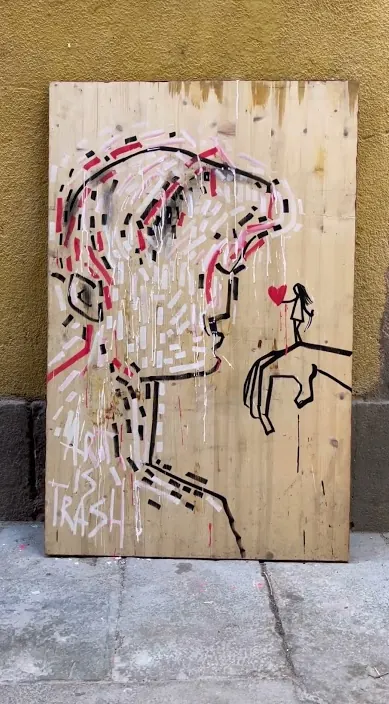 FRENTE A FRENTE #franciscodepajaro #art #trashart #arteurbano Frente a frente – street art in Barcelona: scene from the Art Is Trash video by Francisco de Pájaro