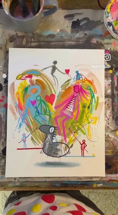 Colourful painting of a heart filled with small figures, Barcelona, Art Is Trash