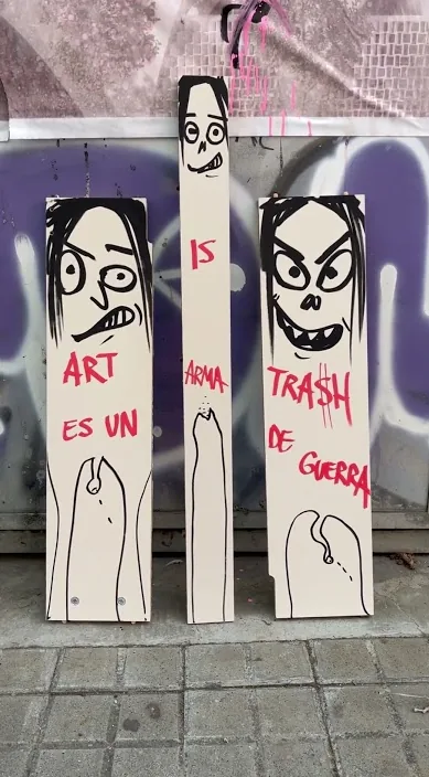 Mi arma – street art in Barcelona: scene from the Art Is Trash video by Francisco de Pájaro