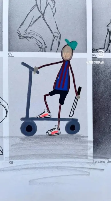 PATÍN ELÉCTRICO #art #franciscodepajaro #elpersonajedelasemana #arteurbano Patín eléctrico – street art in Barcelona: scene from the Art Is Trash video by Francisco de Pájaro