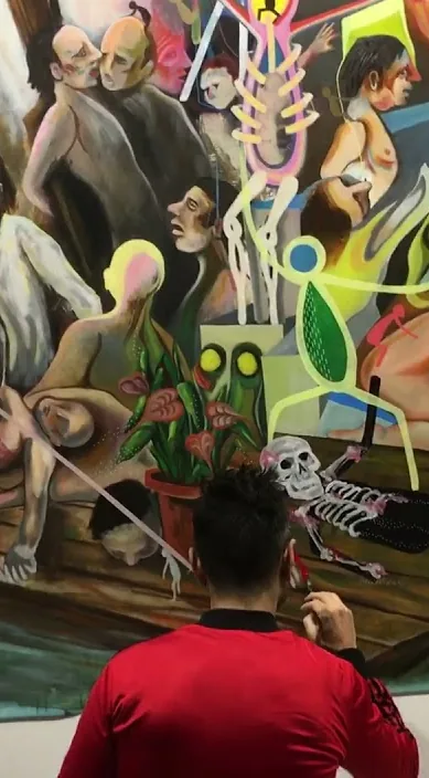 Pintando en mi estudio La Balsa de la Medusa – street art in Barcelona: scene from the Art Is Trash video by Francisco de Pájaro