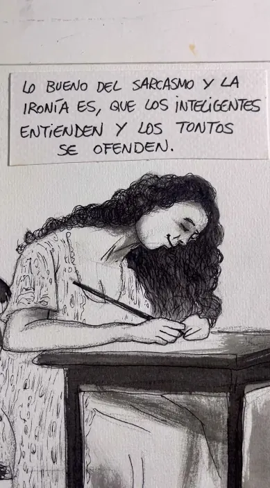 Woman writing, sarcasm and irony – Barcelona urban art Drawing of a woman writing, with a line about sarcasm and irony, Barcelona, Art Is Trash
