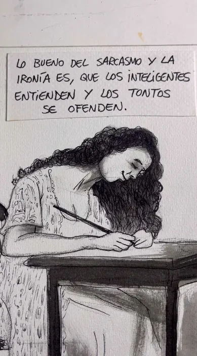 Drawing of a woman writing, with a line about sarcasm and irony, Barcelona, Art Is Trash