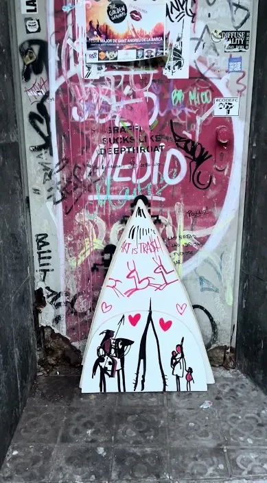 Painted cardboard tipi – street art Barcelona Tipi made of painted cardboard set up on the street, Barcelona, Art Is Trash
