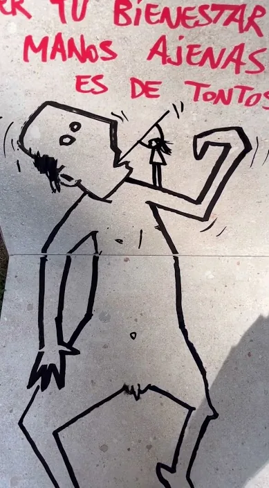 Tu bienestar es sagrado – street art in Barcelona: scene from the Art Is Trash video by Francisco de Pájaro