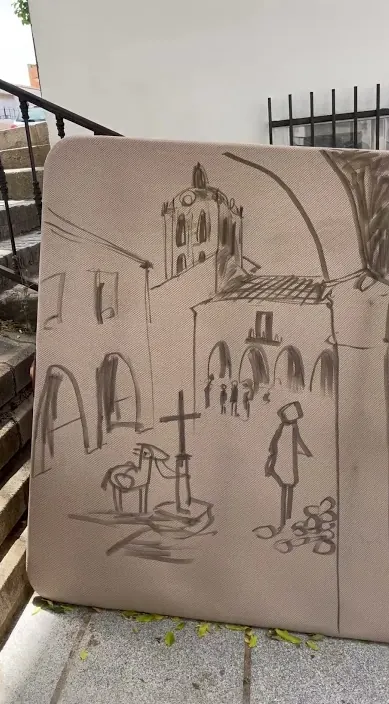 Church and square sketch – street art in Zafra by Art Is Trash Sketch of a church and a square on an old board, Zafra, Art Is Trash