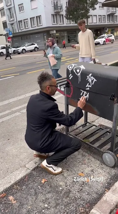 Zúrich – street art in Barcelona: scene from the Art Is Trash video by Francisco de Pájaro